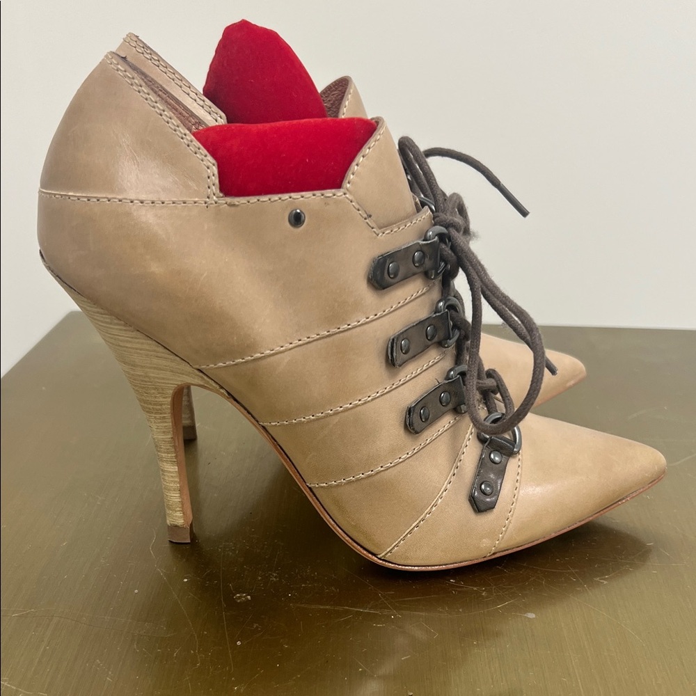 Stylish Beige Lace-Up Heeled Boots